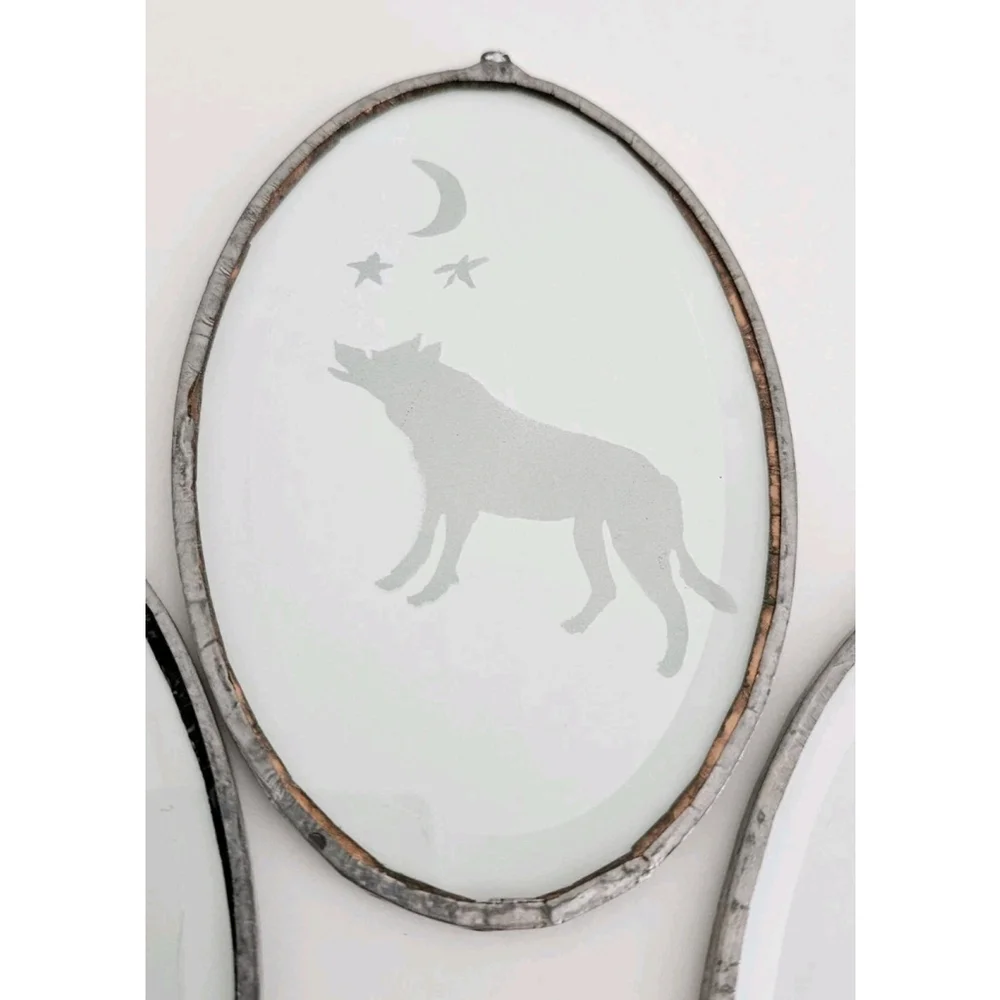 Vintage 3 Oval Etched Glass Unicorn Wolf Dragon Wall Hangings In Metal Frames
